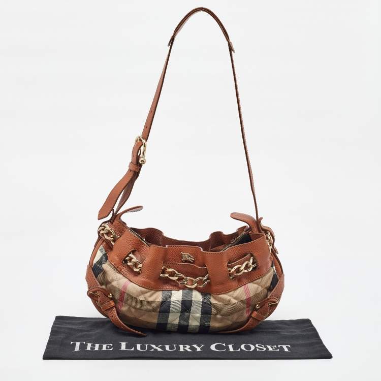 Pre Owned Burberry Brown/Beige Leather and Quilted House Check Canvas Margaret Shoulder Bag