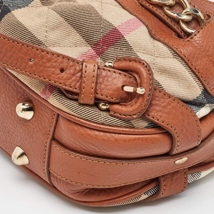 Pre Owned Burberry Brown/Beige Leather and Quilted House Check Canvas Margaret Shoulder Bag