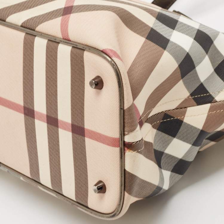 Pre Owned Burberry Metallic/Beige Supernova Check PVC and Patent Leather Nickie Tote