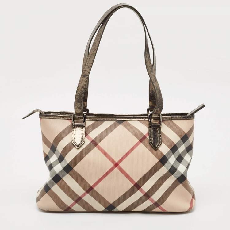 Pre Owned Burberry Metallic/Beige Supernova Check PVC and Patent Leather Nickie Tote