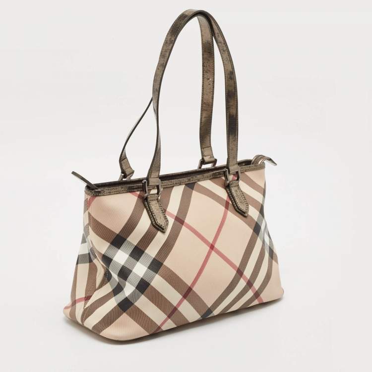 Pre Owned Burberry Metallic/Beige Supernova Check PVC and Patent Leather Nickie Tote