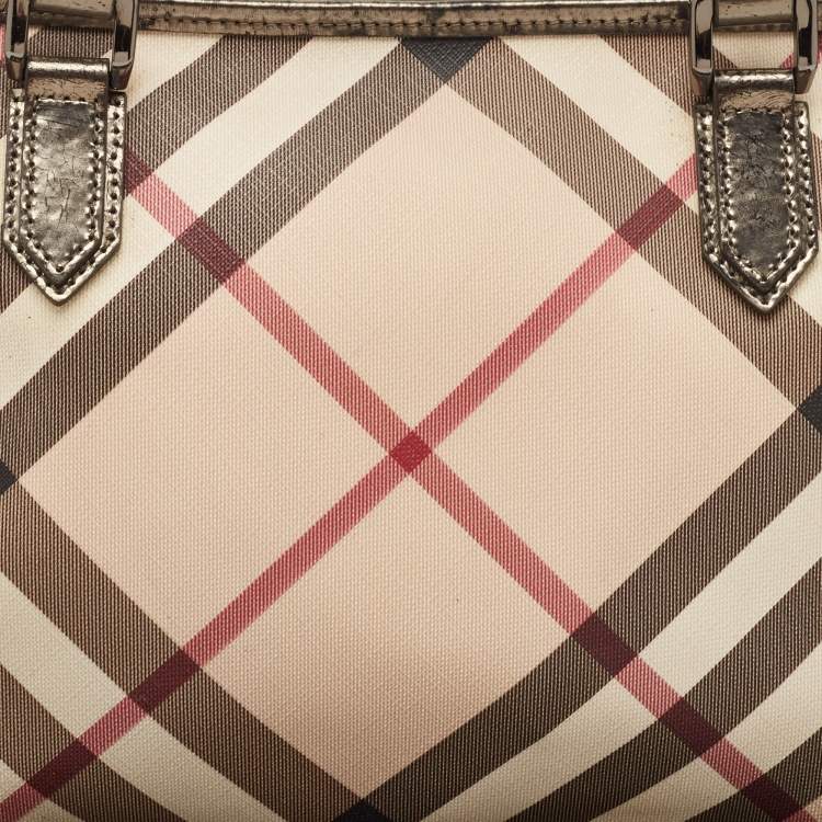 Pre Owned Burberry Metallic/Beige Supernova Check PVC and Patent Leather Nickie Tote