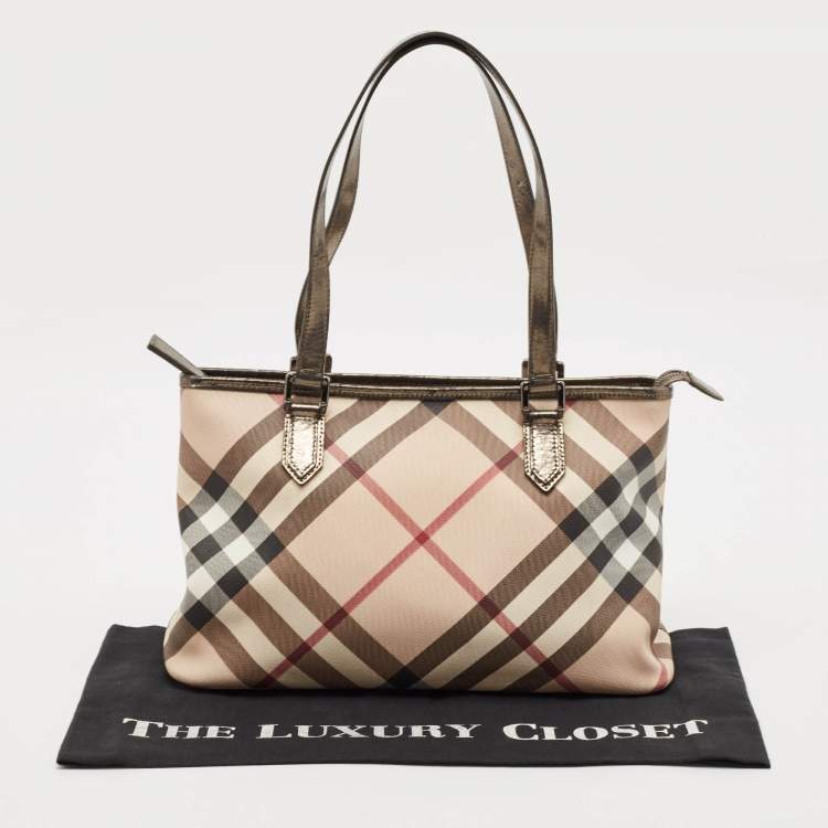 Pre Owned Burberry Metallic/Beige Supernova Check PVC and Patent Leather Nickie Tote