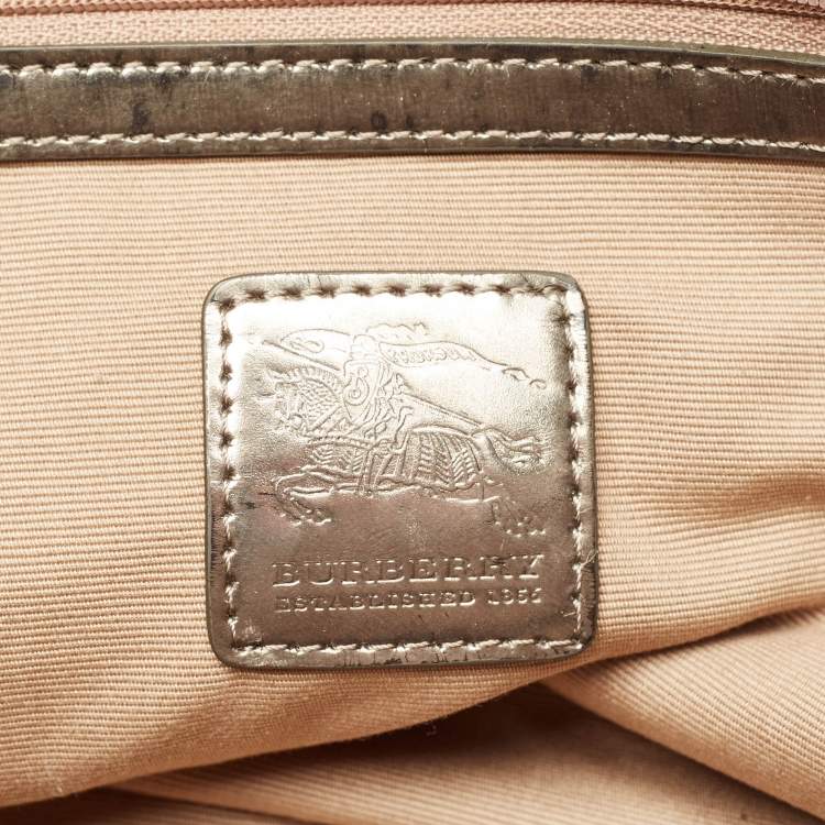 Pre Owned Burberry Metallic/Beige Supernova Check PVC and Patent Leather Nickie Tote