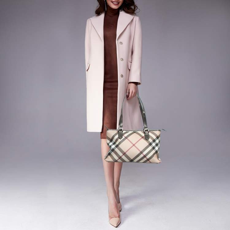 Pre Owned Burberry Metallic/Beige Supernova Check PVC and Patent Leather Nickie Tote