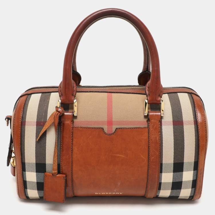 Pre Owned Burberry Brown Ochre House Check Fabric Medium Sactorial Alchester Bowler Bag