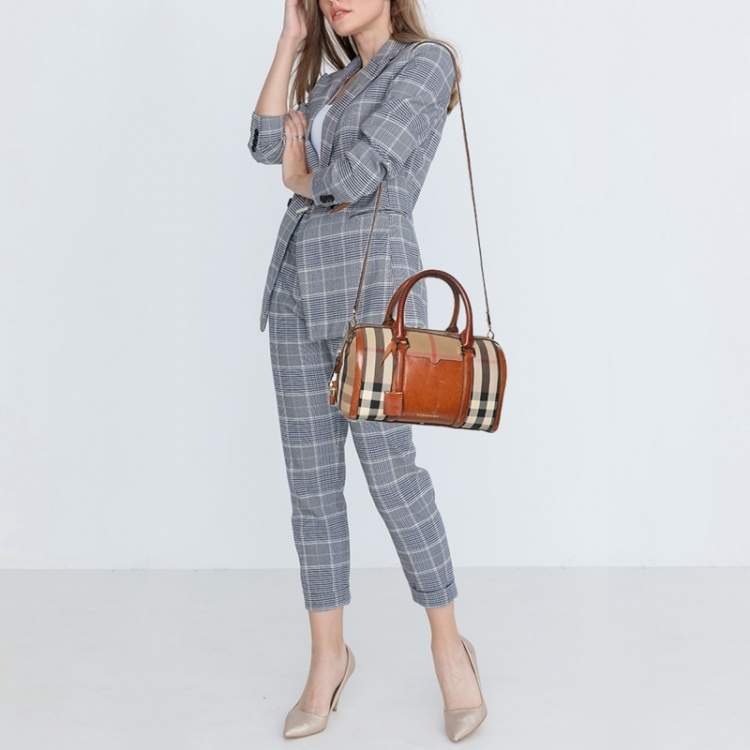 Pre Owned Burberry Brown Ochre House Check Fabric Medium Sactorial Alchester Bowler Bag
