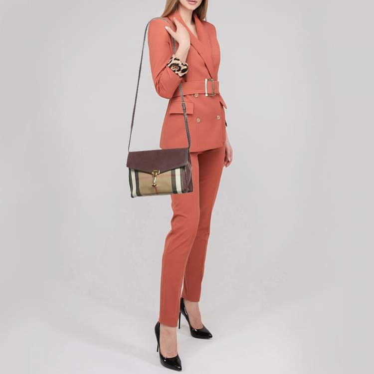 Pre Owned Burberry Burgundy House Check Canvas and Leather Small Macken Crossbody Bag
