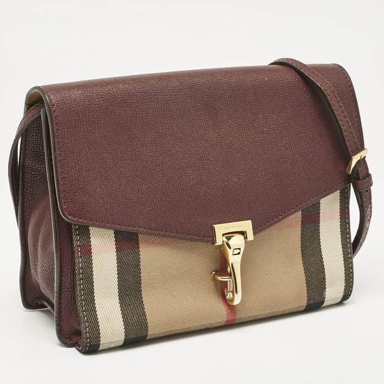 Pre Owned Burberry Burgundy House Check Canvas and Leather Small Macken Crossbody Bag