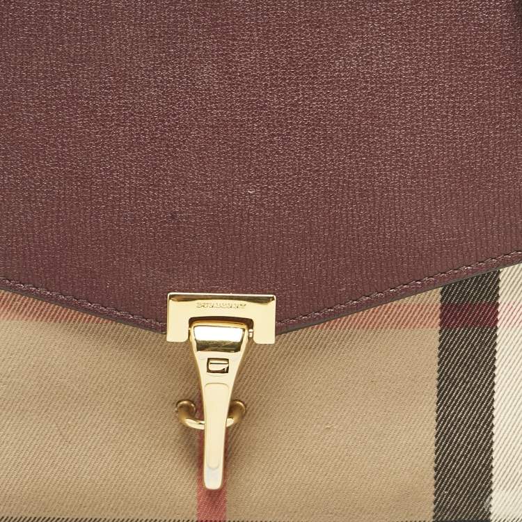 Pre Owned Burberry Burgundy House Check Canvas and Leather Small Macken Crossbody Bag