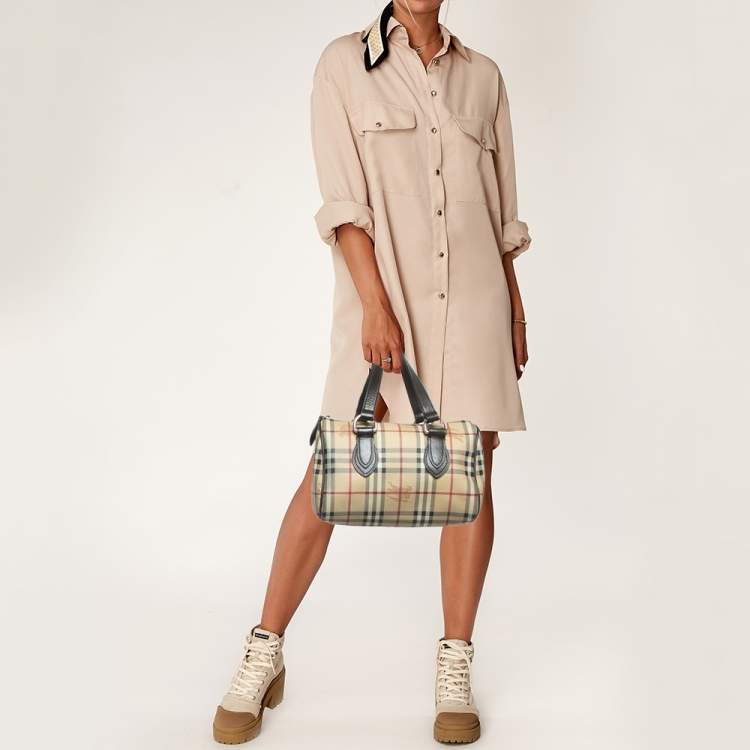 Pre Owned Burberry Beige/Brown Haymarket Check PVC and Leather Chester Boston Bag