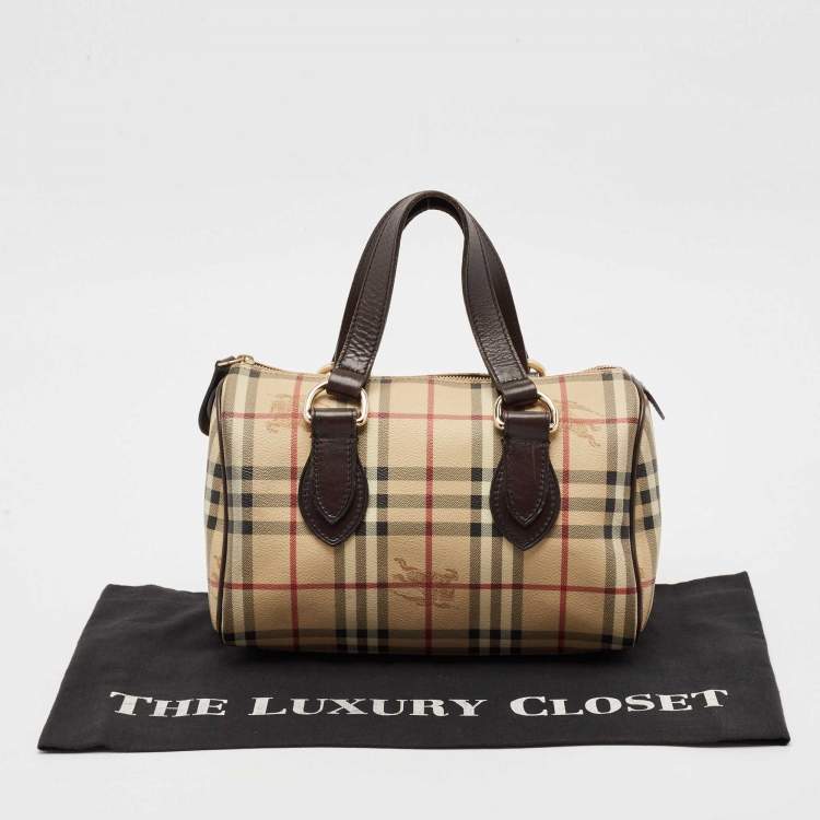 Pre Owned Burberry Beige/Brown Haymarket Check PVC and Leather Chester Boston Bag