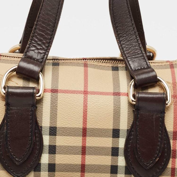 Pre Owned Burberry Beige/Brown Haymarket Check PVC and Leather Chester Boston Bag