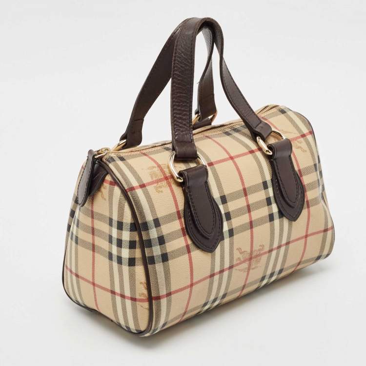 Pre Owned Burberry Beige/Brown Haymarket Check PVC and Leather Chester Boston Bag