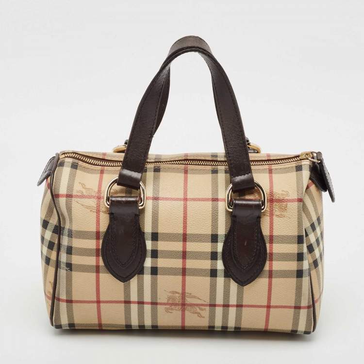 Pre Owned Burberry Beige/Brown Haymarket Check PVC and Leather Chester Boston Bag