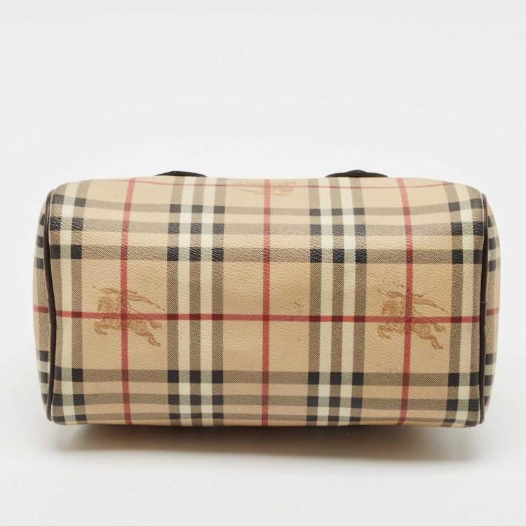 Pre Owned Burberry Beige/Brown Haymarket Check PVC and Leather Chester Boston Bag