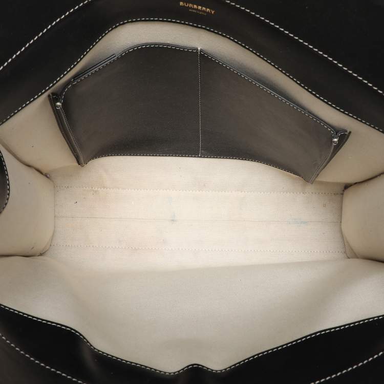 Pre Owned Burberry Off-White/Black Canvas and Leather Large Pocket Tote