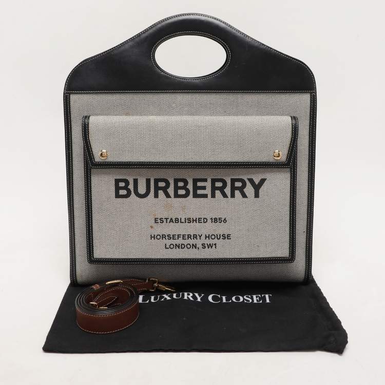Pre Owned Burberry Off-White/Black Canvas and Leather Large Pocket Tote