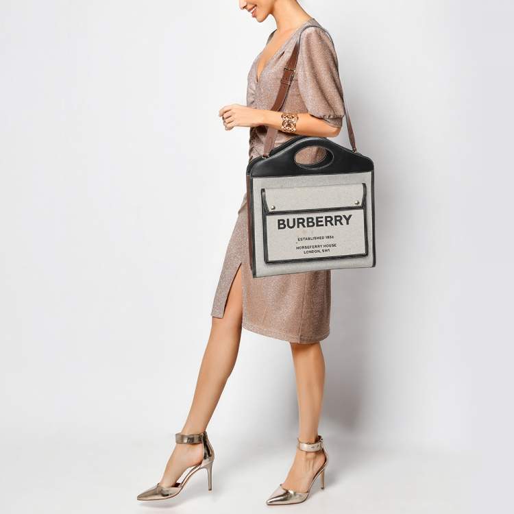 Pre Owned Burberry Off-White/Black Canvas and Leather Large Pocket Tote