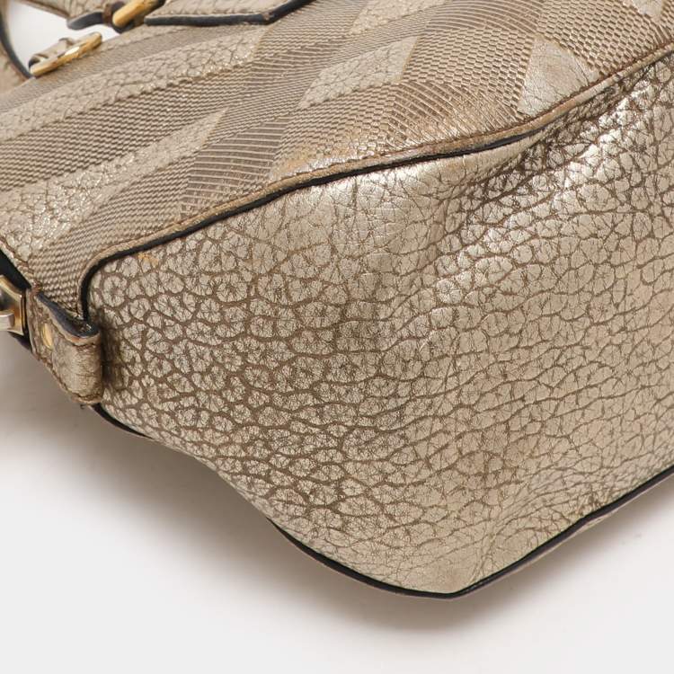 Pre Owned Burberry Gold Heritage Grain Check Embossed Leather Orchard Bowling Bag