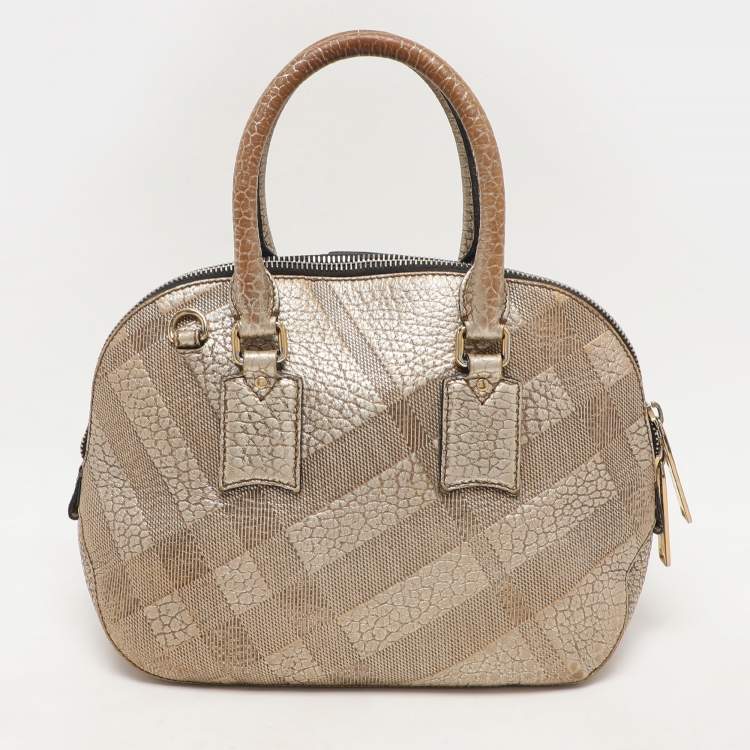 Pre Owned Burberry Gold Heritage Grain Check Embossed Leather Orchard Bowling Bag
