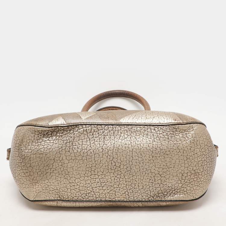Pre Owned Burberry Gold Heritage Grain Check Embossed Leather Orchard Bowling Bag