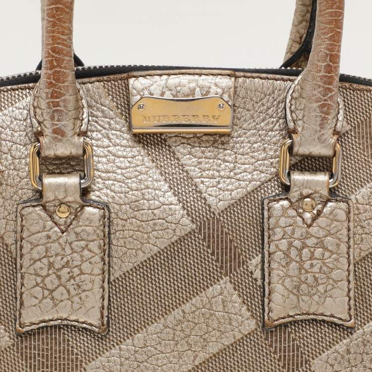 Pre Owned Burberry Gold Heritage Grain Check Embossed Leather Orchard Bowling Bag