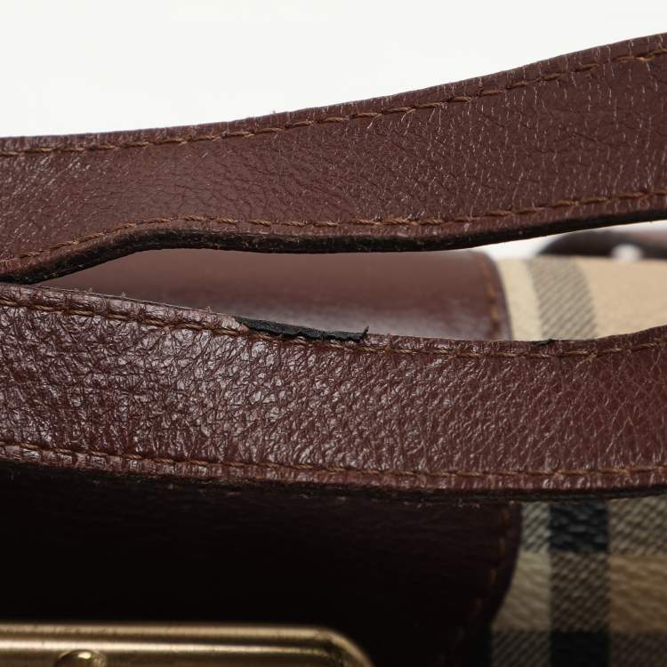 Pre Owned Burberry Brown/Beige Haymarket Check Coated Canvas and Leather Buckle Flap Satchel