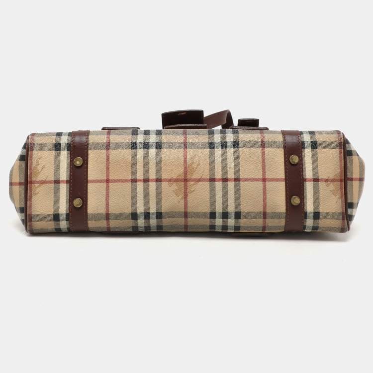 Pre Owned Burberry Brown/Beige Haymarket Check Coated Canvas and Leather Buckle Flap Satchel