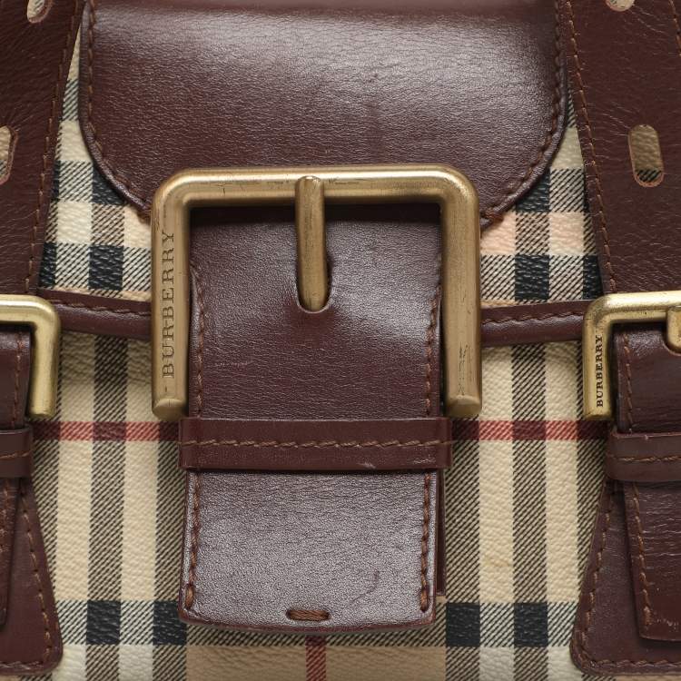 Pre Owned Burberry Brown/Beige Haymarket Check Coated Canvas and Leather Buckle Flap Satchel