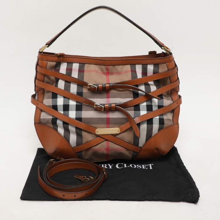 Pre Owned Burberry Brown House Check Canvas and Leather Small Bridle Dutton Hobo