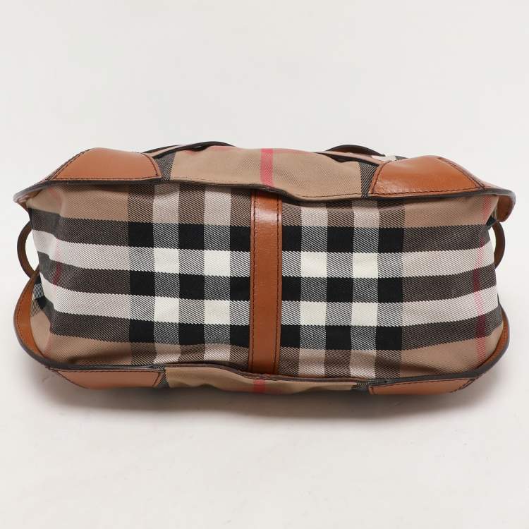 Pre Owned Burberry Brown House Check Canvas and Leather Small Bridle Dutton Hobo