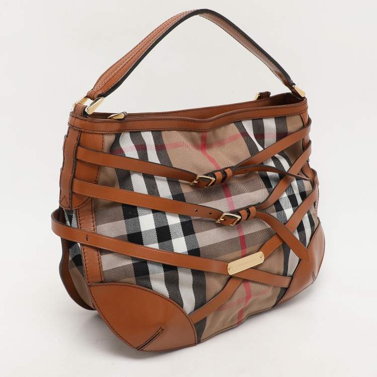Pre Owned Burberry Brown House Check Canvas and Leather Small Bridle Dutton Hobo