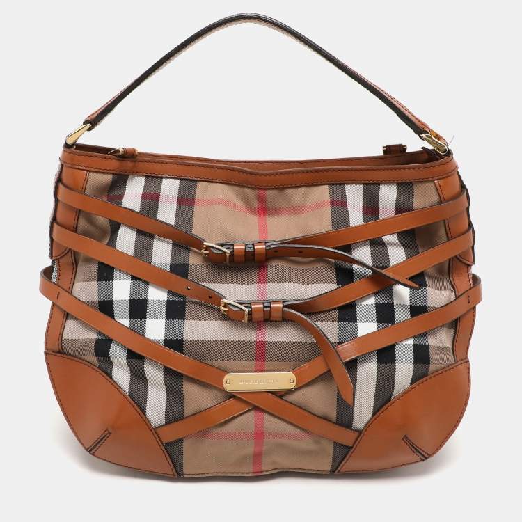 Pre Owned Burberry Brown House Check Canvas and Leather Small Bridle Dutton Hobo