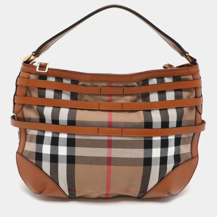 Pre Owned Burberry Brown House Check Canvas and Leather Small Bridle Dutton Hobo