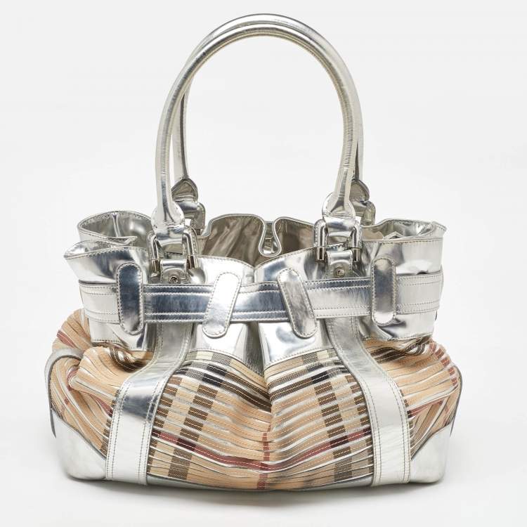 Pre Owned Burberry Silver/Beige Sliced Coated Canvas and Leather Large Beaton Tote