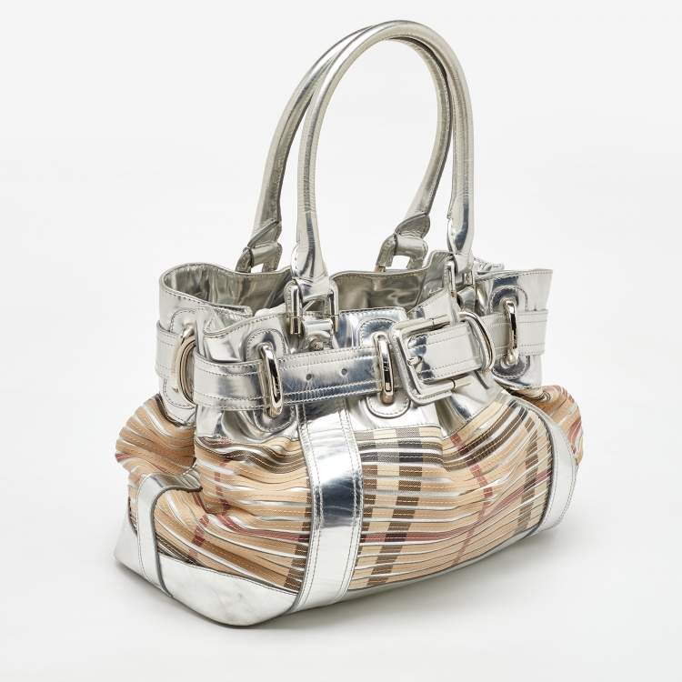 Pre Owned Burberry Silver/Beige Sliced Coated Canvas and Leather Large Beaton Tote