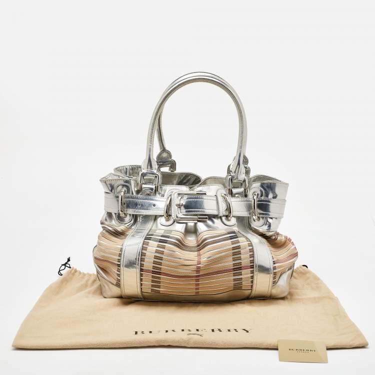 Pre Owned Burberry Silver/Beige Sliced Coated Canvas and Leather Large Beaton Tote