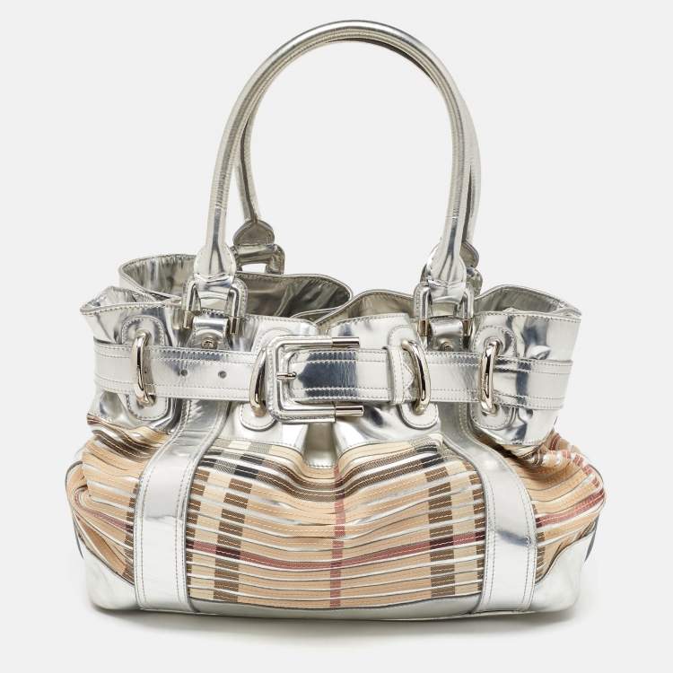 Pre Owned Burberry Silver/Beige Sliced Coated Canvas and Leather Large Beaton Tote