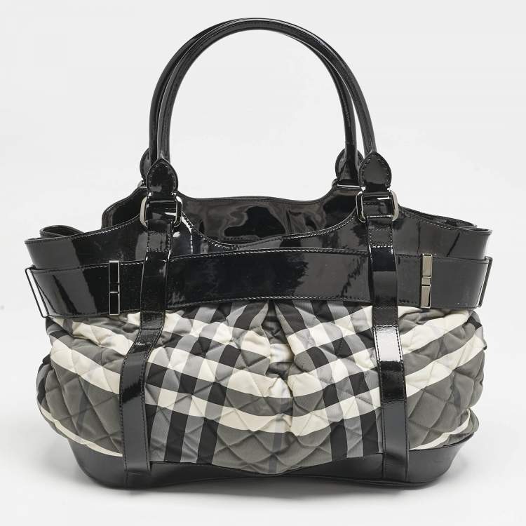 Pre Owned Burberry Black/Grey Check Quilted Nylon and Patent Leather Healy Tote