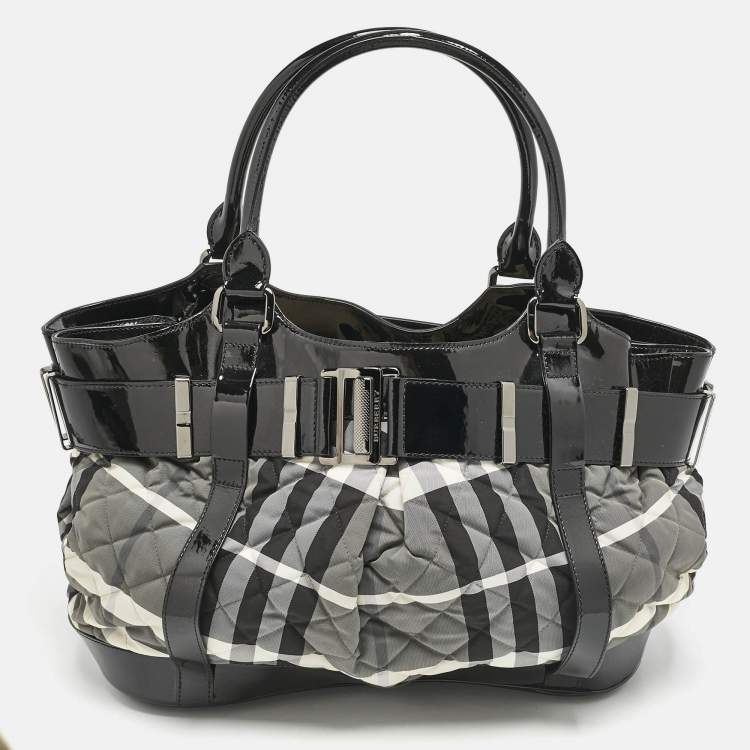 Pre Owned Burberry Black/Grey Check Quilted Nylon and Patent Leather Healy Tote