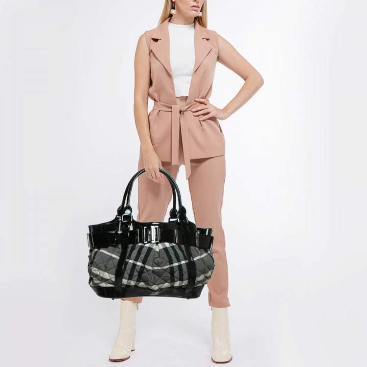 Pre Owned Burberry Black/Grey Check Quilted Nylon and Patent Leather Healy Tote
