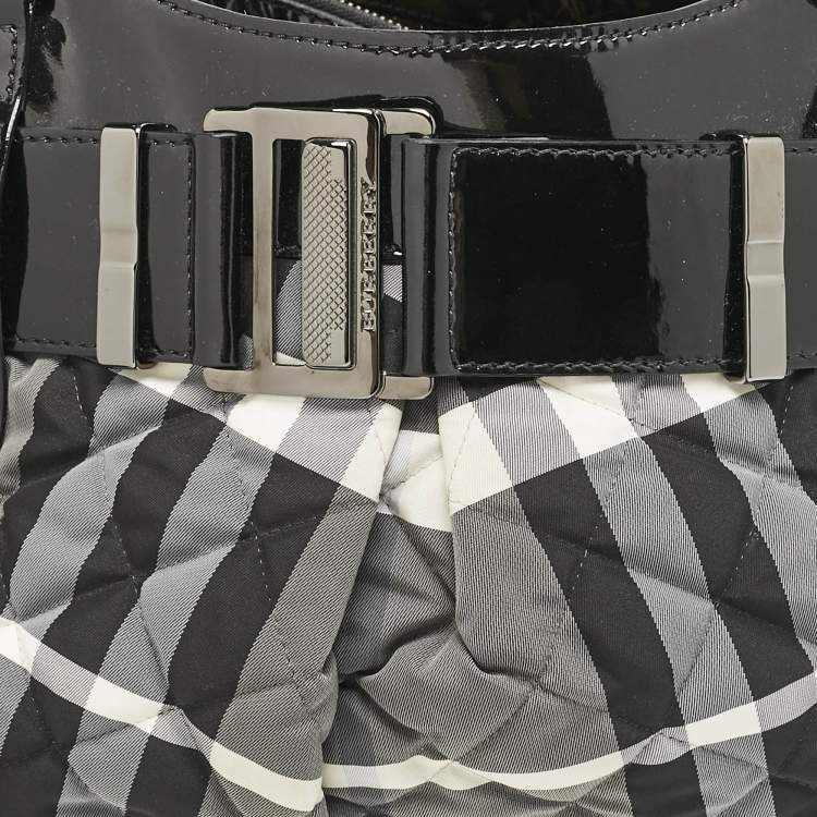 Pre Owned Burberry Black/Grey Check Quilted Nylon and Patent Leather Healy Tote