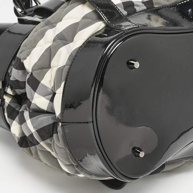 Pre Owned Burberry Black/Grey Check Quilted Nylon and Patent Leather Healy Tote