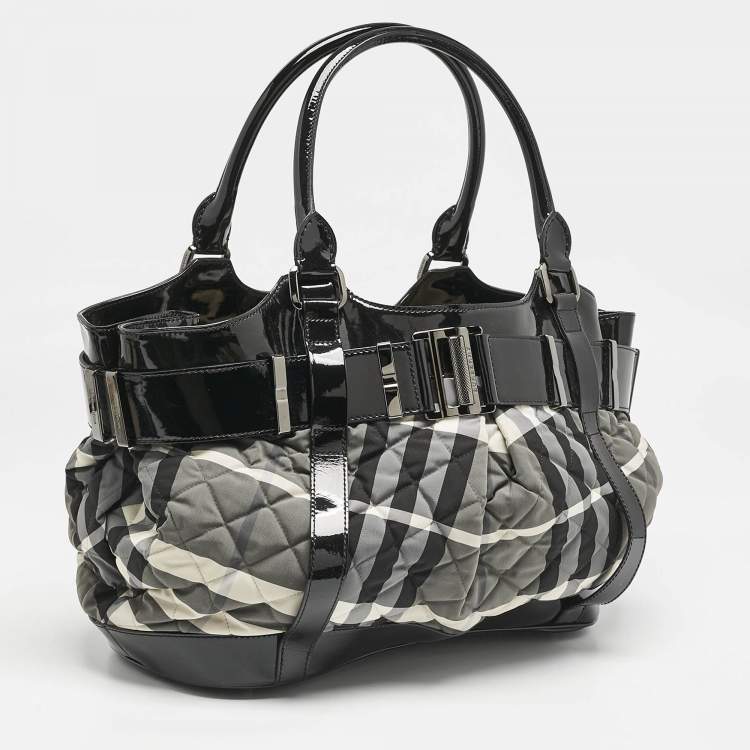 Pre Owned Burberry Black/Grey Check Quilted Nylon and Patent Leather Healy Tote