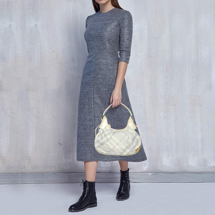 Pre Owned Burberry Grey/Yellow Nova Check Nylon and Patent Leather Brooklyn Hobo