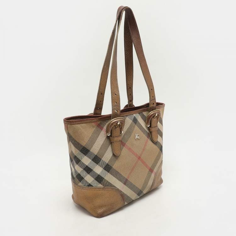 Pre Owned Burberry Metallic Shimmer Nova Check Canvas and Leather Byron Tote