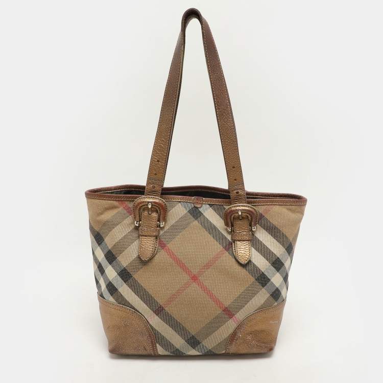 Pre Owned Burberry Metallic Shimmer Nova Check Canvas and Leather Byron Tote