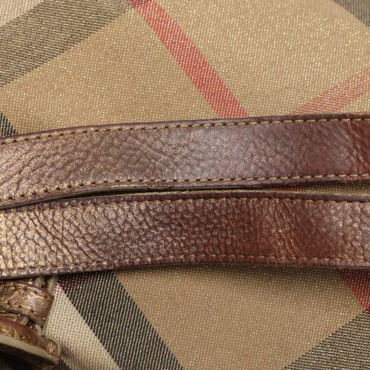 Pre Owned Burberry Metallic Shimmer Nova Check Canvas and Leather Byron Tote