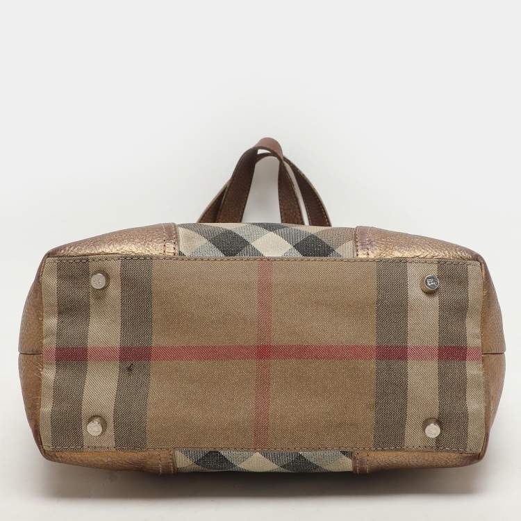 Pre Owned Burberry Metallic Shimmer Nova Check Canvas and Leather Byron Tote